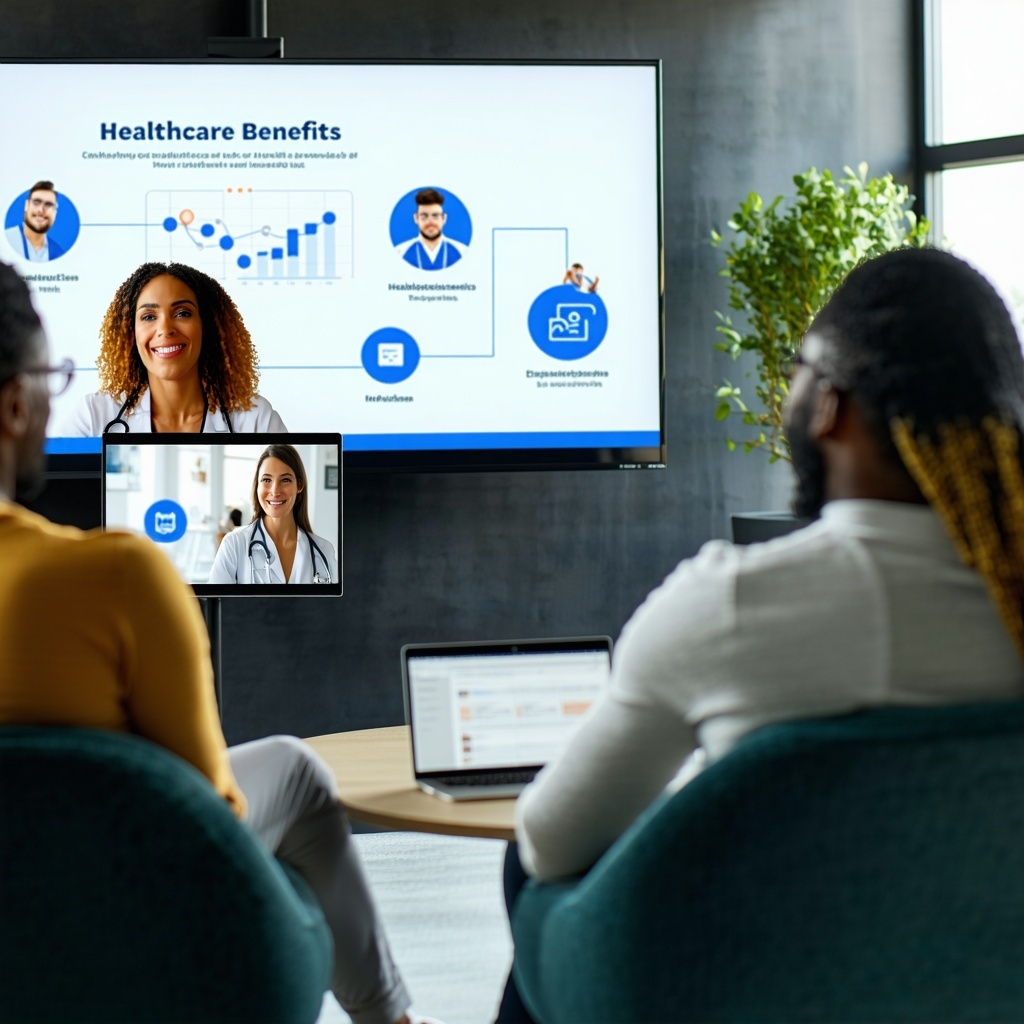 HR professionals watching a webinar about healthcare benefits